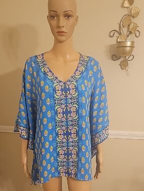 Belle by Kim Gravel Bright Blue Floral V-Neck Tunic
